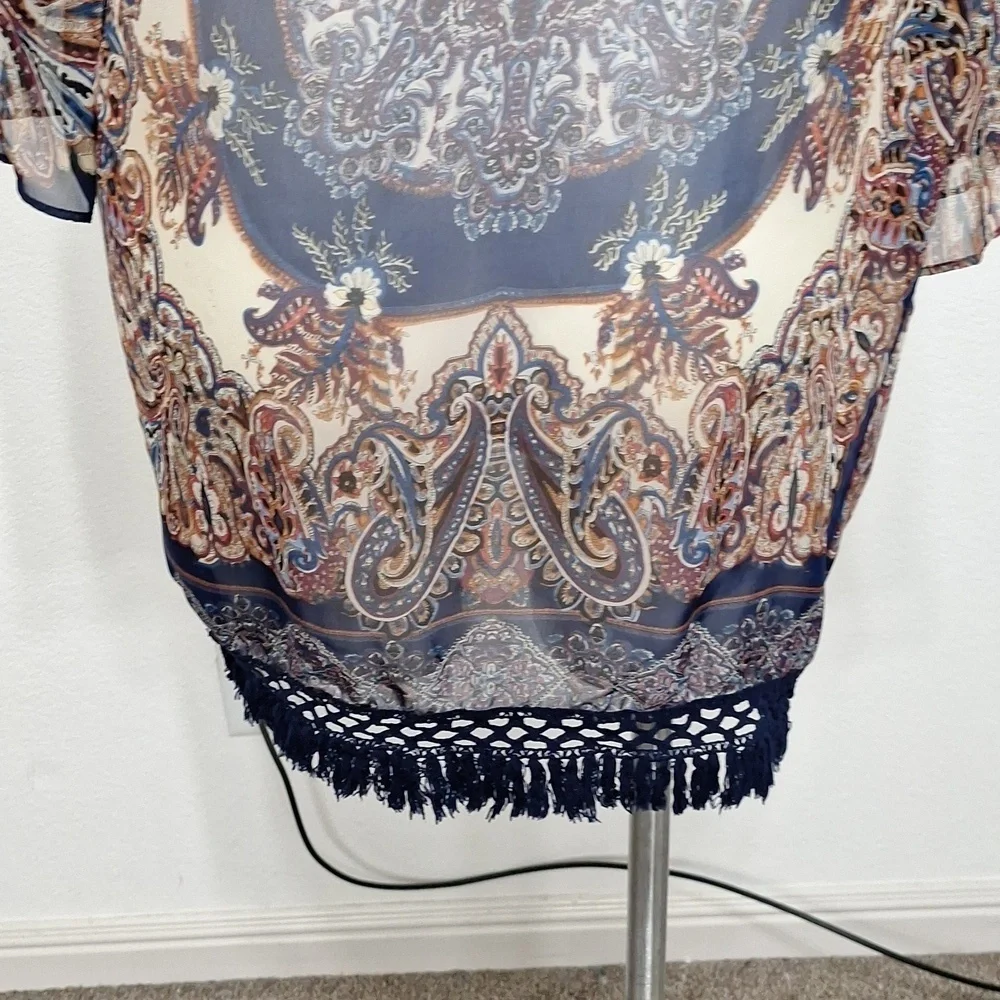 Umgee Blue Tan Bohemian 3/4 Wide Sleeve Boho Hippie Fringe Kimono Size S/M